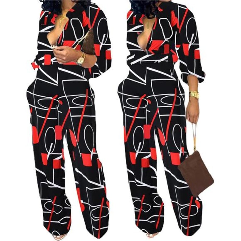 New Women's Elegant Business Casual Jumpsuit - Button-Down V-Neck, Long Sleeve, - Picture 3 of 3